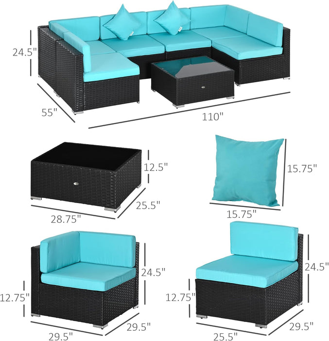 7-Piece Patio Furniture Sets Outdoor Wicker Conversation Sets All Weather PE Rattan Sectional Sofa Set with Cushions & Tempered Glass Desktop, Turquoise