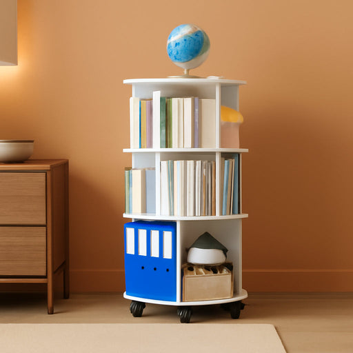 6 Tier Rotating Bookshelf Spinning Bookshelf Tower | 360° Revolving Bookcase with Storage Cabinet Corner Organizer Storage round Carousel with Wheels, White
