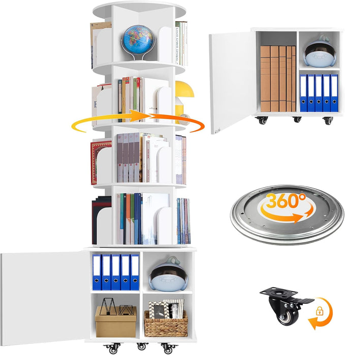 6 Tier Rotating Bookshelf Spinning Bookshelf Tower | 360° Revolving Bookcase with Storage Cabinet Corner Organizer Storage round Carousel with Wheels, White