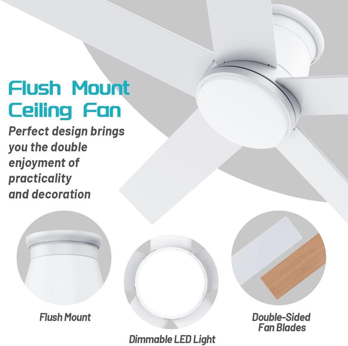 52" Ceiling Fan with Light, White,6 Speeds DC Reversible Motor,Timing, Dimmable for Bedroom, Kitchen, Patios