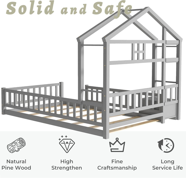 Twin House Bed With Fence Railings GrayFinishPineWood