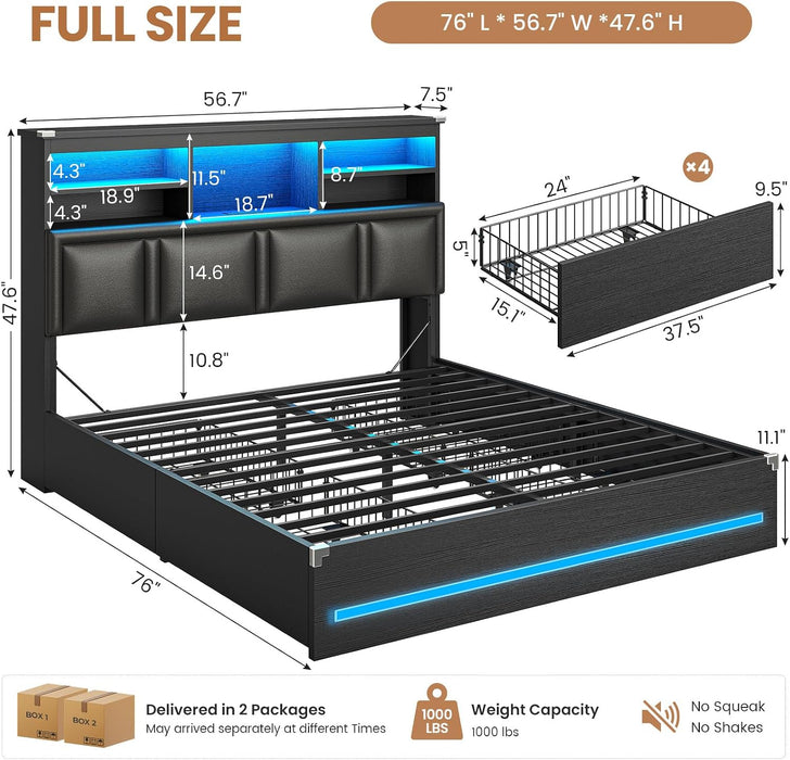 Full Size Bed Frame with 4 Storage Drawers and Headboard, Black