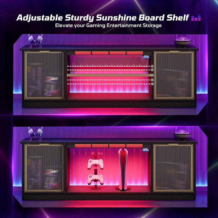 Gaming TV Stand with Music Sync Light, Flow Vibe Entertainment Center with Storage for PS5 Xbox, RGB LED Party Modes Television Stands for 50/55/60/65 Inch TV (Black 3D Carbon Fiber, 57 Inch)