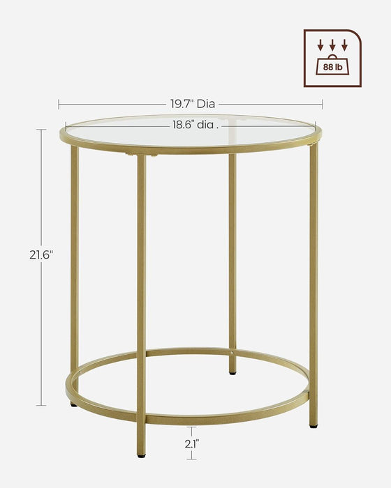 round Side Table, Glass End Table with Metal Frame, Gold Coffee Table with Modern Style, for Living Room, Balcony, Bedroom, Gold Color