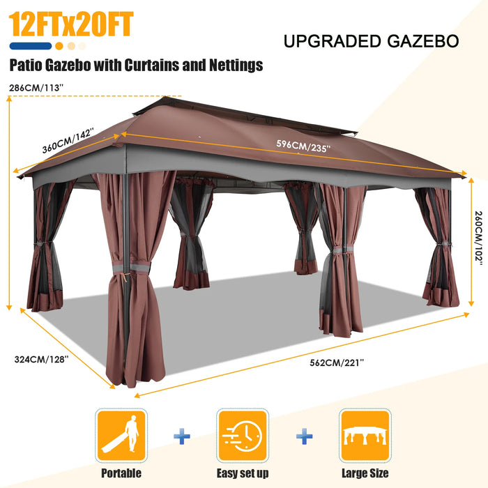 12X20 Heavy Duty Gazebo Outdoor Gazebo with Mosquito Netting and Curtains,Canopy Tent Deck Gazebo with Double-Arc Roof Ventiation and Metal Steel Frame Suitable for Lawn, Backyard, Patio,Brown