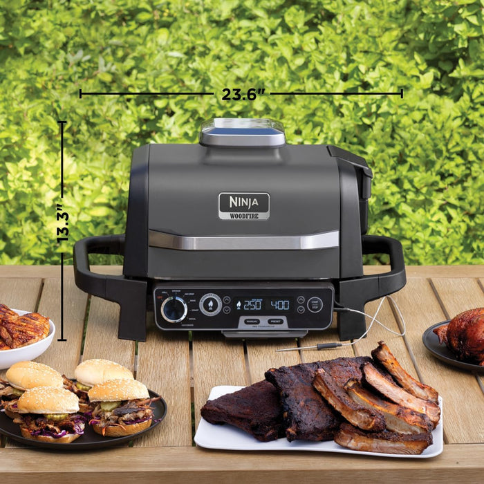 OG751 Woodfire Pro Outdoor Grill Built-In Thermometer,7-In-1 Master Grill,Bbq Smoker,& Outdoor Air Fryer plus Bake,Roast,Dehydrate & Broil,Woodfire Technology,Weather-Resistant,Grey XL