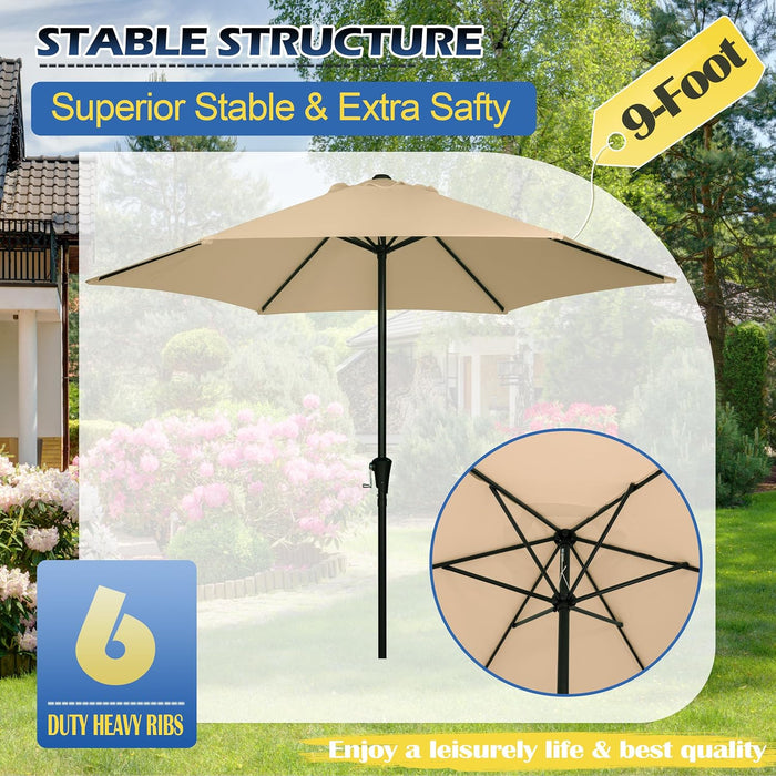9FT Outdoor Patio Umbrella, Market & Table Umbrella with 6 Sturdy Ribs and Crank System, Fade-Resistant & Waterproof for Garden Backyard Poolside Deck