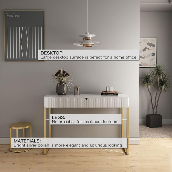 Elegant Modern Desk, 2 Drawers, Gold Legs, 43.3X15.75 Inches, Home Office, Makeup Vanity, Computer, Writing, Study, Entryway, Sofa Table