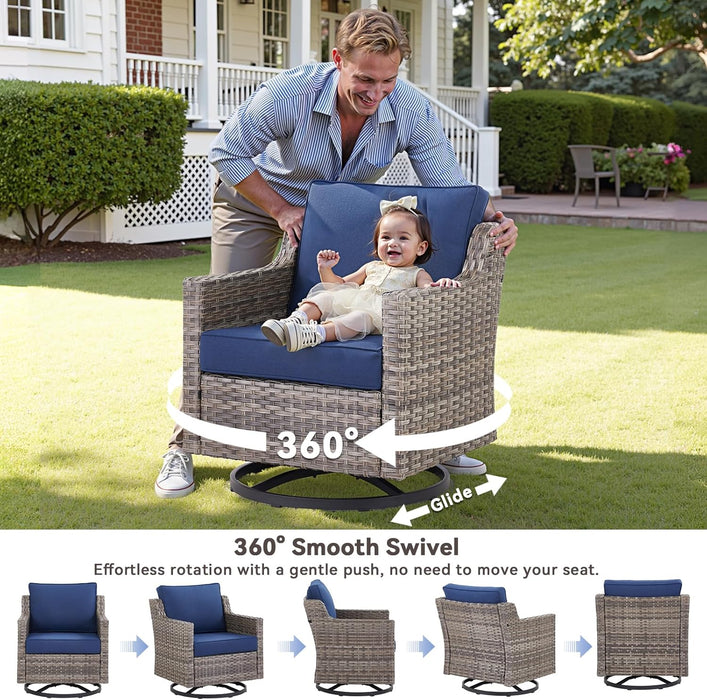 Outdoor Patio Furniture Set-5 Pieces All-Weather Wicker Outdoor Furniture with Swivel Patio Chairs Outdoor Patio Conversation Sets for Garden Porch Deck Grey/Blue