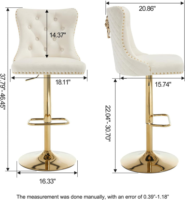 Swivel Gold Bar Stools Set of 2, Velvet Adjustable Barstools with Tufted Back, Nailheads Trim and Pull Ring, Counter Height Upholstered Bar Chairs for Kitchen Island Restaurant Home (Cream-Gold)