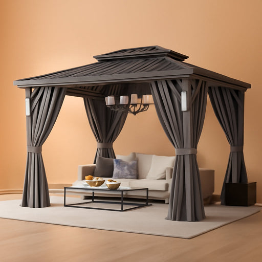 10'X12' Hardtop Gazebo with 4 LED Lights, Outdoor Gazebo with Galvanized Steel Double Roof, Patio Gazebo with Breathable Netting & Privacy Curtain, Decor Hooks for Backyard, Gray
