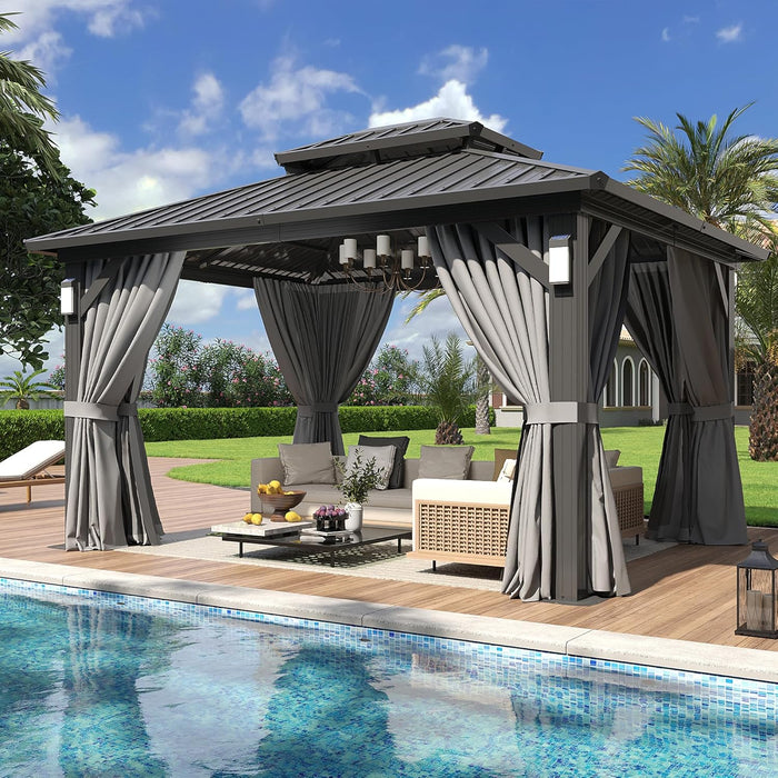 10'X12' Hardtop Gazebo with 4 LED Lights, Outdoor Gazebo with Galvanized Steel Double Roof, Patio Gazebo with Breathable Netting & Privacy Curtain, Decor Hooks for Backyard, Gray