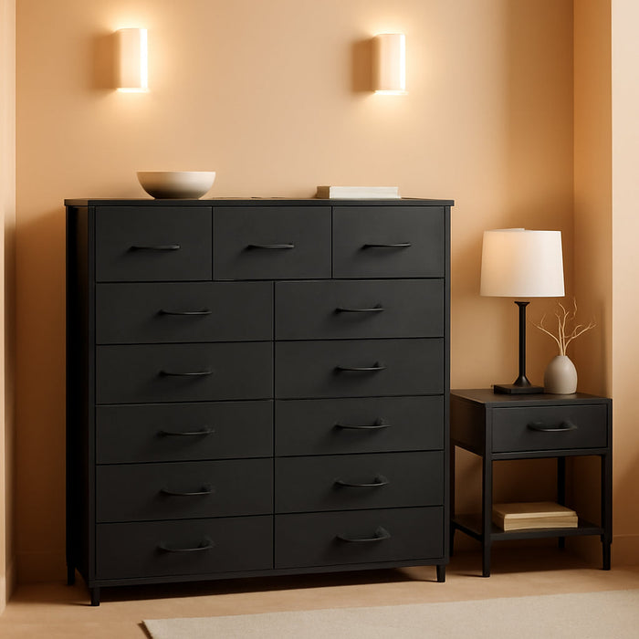 Tall Dresser for Bedroom with 13 Drawers, Storage Dresser Organizer Unit, Fabric Dresser for Bedroom, Closet, Chest of Drawers with Fabric Bins, Steel Frame, Wood Top, Charcoal Black