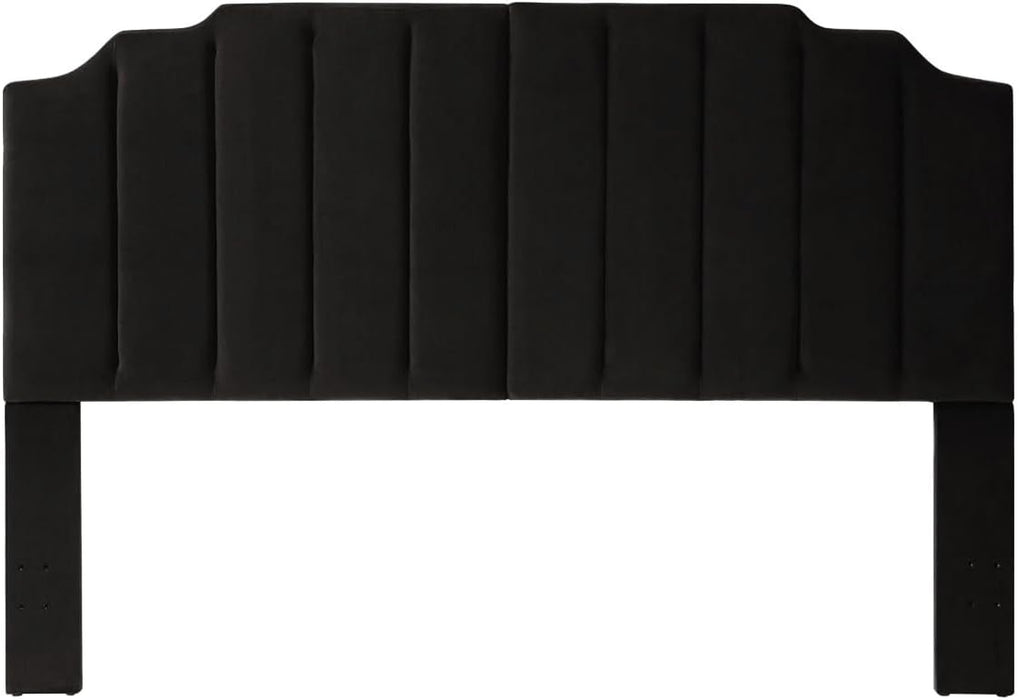Black Velvet Tufted King Upholstered Headboard, Modern Vertical Channel Design California King Headboard with Stepped Silhouette Top Edge,Black
