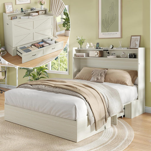 Queen Murphy Bed Cabinet with Charging Station and Storage Drawer, Farmhouse Wood Foldable Platform Bed for Guest Room, Living Room, Office, Small Spaces, Space Saving, Vintage White