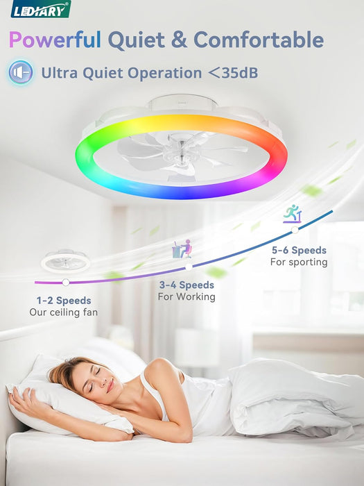 RGB Low Profile Ceiling Fans with Lights and Remote, 20 Inch Dimmable Modern Ceiling Fan(3000K-6000K), 6 Speed, Reversible, APP & Remote Control, Flush Mount Fan Light, White RGB Ceiling Fans