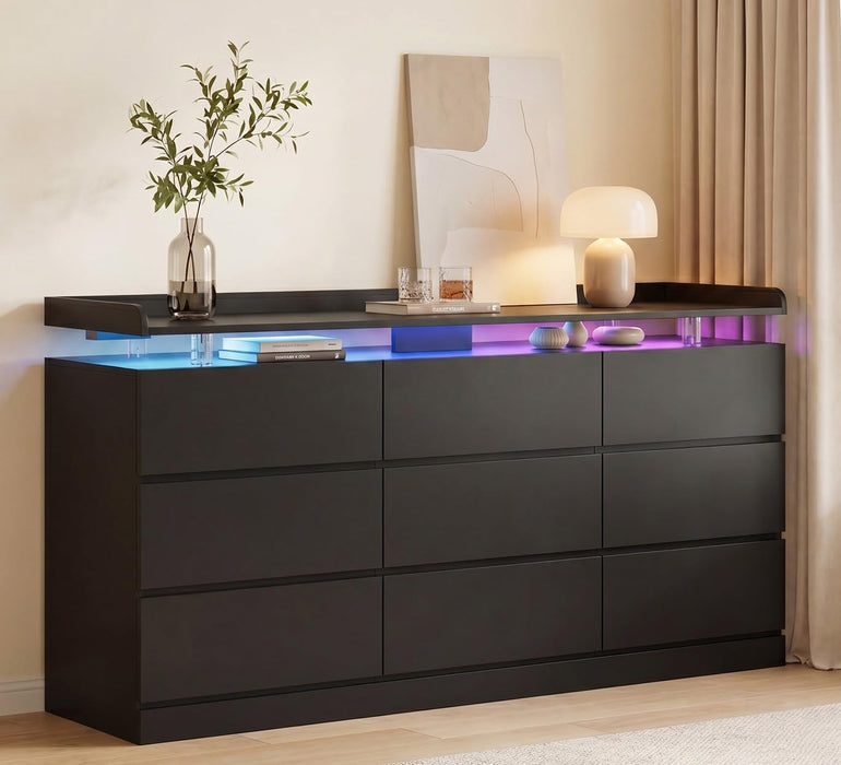 63" 9 Drawer Dresser with LED Light, Black