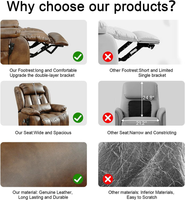 Large Genuine Leather Power Lift Recliner Chairs for Elderly