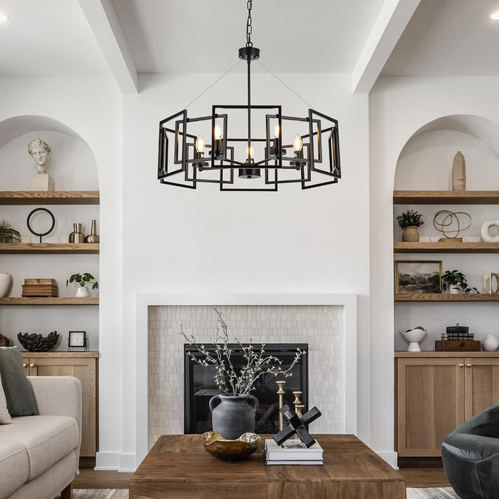 5-Light Black Geometric Chandelier,Height Adjustable Industrial Chandelier for Dining Room,Modern Farmhouse Chandelier Light Fixture over Table,For Bedroom,Living Room,Entryway,Bulbs Not Included