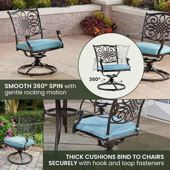 Traditions 5-Piece Rust Resistant Aluminum Patio Dining Set with Blue Cushions, Swivel Rockers and Aluminum round Dining Table, Outdoor Dining Set for 4