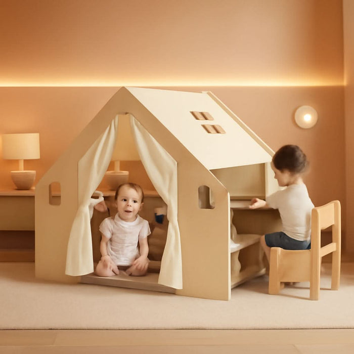 Large Kids Tent, 6-In-1 Wooden Frame Play House with Table and Chair Set, Blackboard, 6 Storage Bins & Soft Floor Mat, Indoor Playhouse for Boys Girls Aged 2-6 Years Old