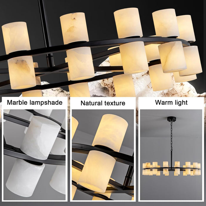 Alabaster round Chandelier, Natural Spanish Stone Texture Chandeliers, D31In round Chandeliers for Dining Room Chandelier Light Fixture for Kitchen Living Room Foyer Entryway Hallway (Black)
