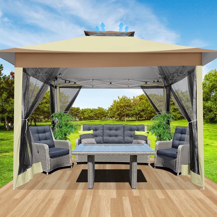 12X12Ft Outdoor Gazebo Pop up Gazebo with Mosquito Netting, Instant Patio Canopy Tent for Shade and Rain, 2 Tiered Vente Gazebo Canopy UPF 50+ for Garden Backyard with Carry Bag&4 Sandbags