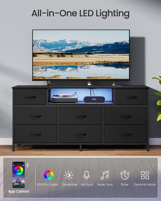 Dresser for Bedroom with Outlets & LED Lights, 8 Fabric Drawers