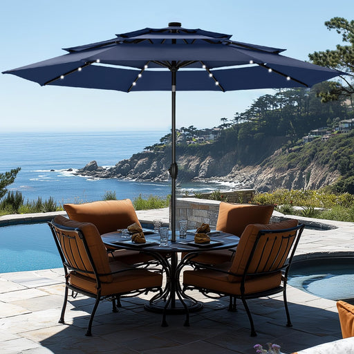 10Ft Patio Umbrella with Solar Lights, Auto-Tilt Lighted Market Table Umbrellas with Crank, 8 Sturdy Ribs & 1.5" Pole Outdoor Umbrellas for Patio Garden Deck Backyard Pool, Navy Blue