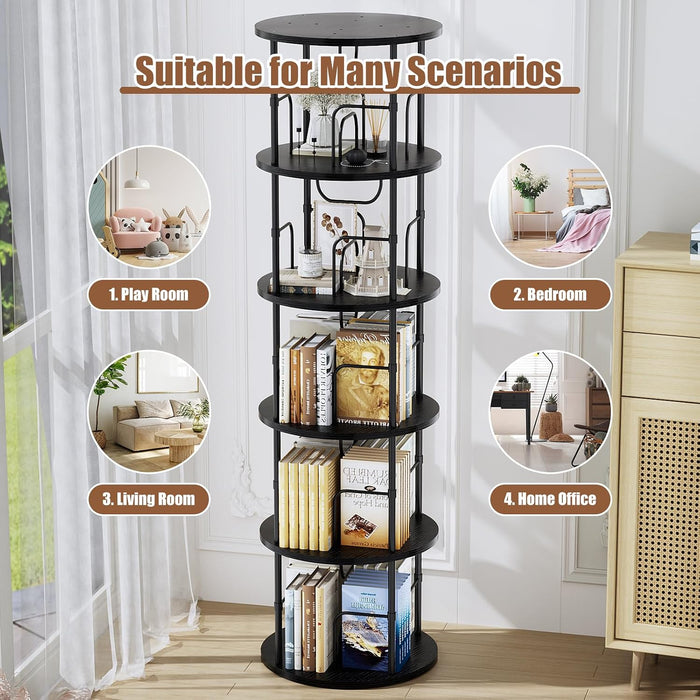 5 Tier Rotating Bookshelf, 360 ° Display Stackable Spinning Bookshelf Tower, Corner Bookshelf Tall Floor Standing Swivel Bookcase Narrow Storage Organizer for Bedroom, Living Room, Black