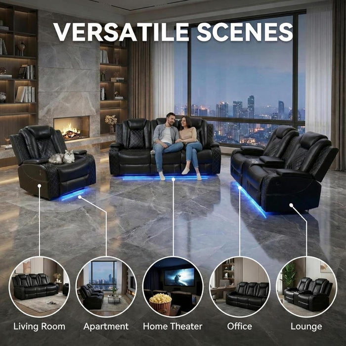 3-Piece Power Reclining Sectional Sofa Set with LED Lights,Air Leather Recliner Couch with USB Power Port,Storage Console/Cup Holder,Recliner Sofa Set for Living Room Furniture,Black