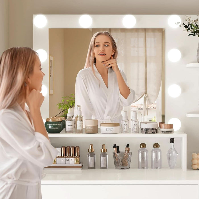 Vanity Desk with Mirror and Lights, Makeup Vanity with 5 Drawers and 3 Storage Shelves, 3 Color Modes & Adjustable Brightness Dressing Table, Vanity for Girls, White