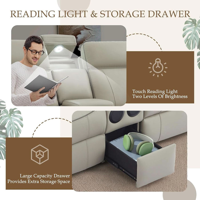Power Reclining Sofa Set with LED Reading Light/Storage Drawer, Power Loveseat Recliner Sofa, Reclining Loveseat with Bluetooth Speakers/Outlets/Breathing Leather (Grey, Sofa+Loveseat)