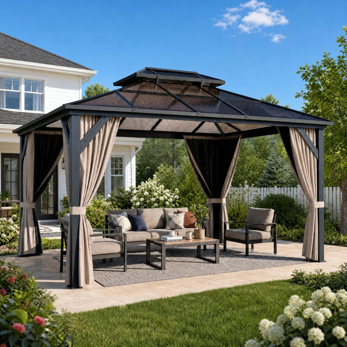 10' X 13' Aluminum Hardtop Gazebo with Double Roof, All-Weather Permanent Outdoor Canopy with Netting & Curtains for Patio, Backyard, Deck, and Lawn