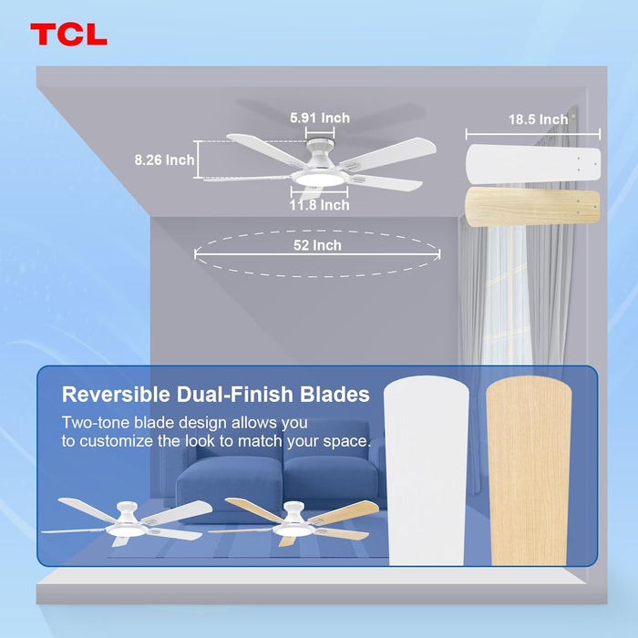 Ceiling Fans with Lights, 52 Inch Low Profile Ceiling Fan with Light and Remote Control, Flush Mount, DC Reversible Motor, Noiseless, 6 Speeds Ceiling Fan for Bedroom (White)