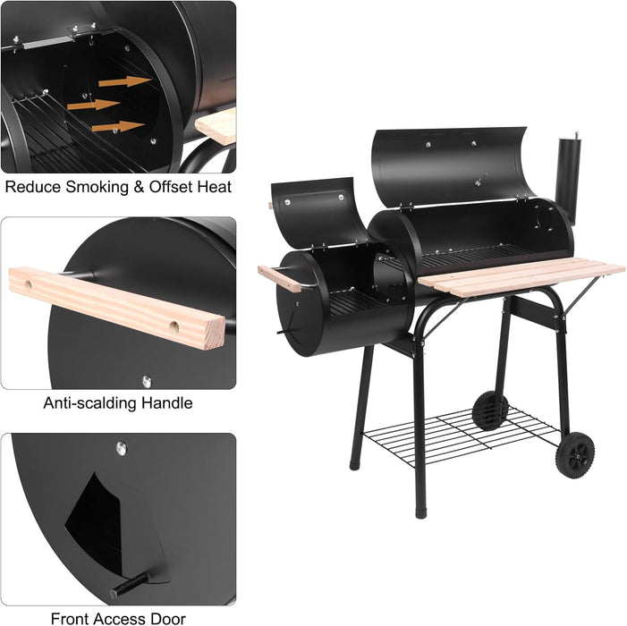 Large Charcoal Grill with Offset Smoker and Wood-Painted Side Table, Outdoor Smoker Grill with 811 Sq. In. Cooking Area for Outdoor Patio Barbecue Camping Parties Event, Black