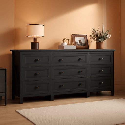 9 Drawer Dresser Black, 62" Wide Wooden Chest with Anti-Tip Structure