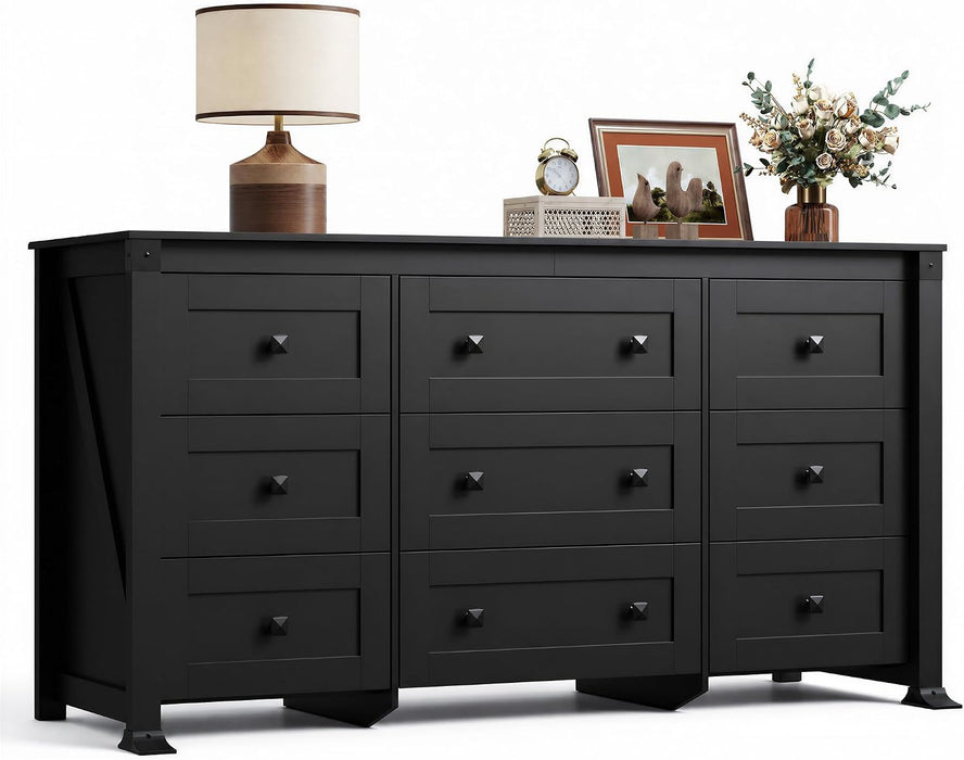 9 Drawer Dresser Black, 62" Wide Wooden Chest with Anti-Tip Structure