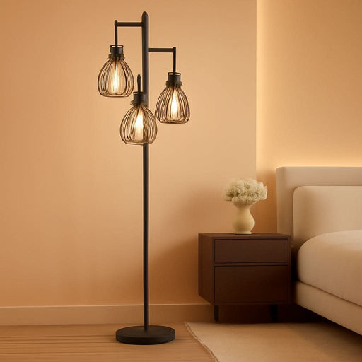 Dimmable Floor Lamp, 3 X 800LM LED Edison Bulbs Included, Farmhouse Industrial Floor Lamp Standing Tree Lamp with Elegant Cage Tall Lamps for Living Room Bedroom Office - Black