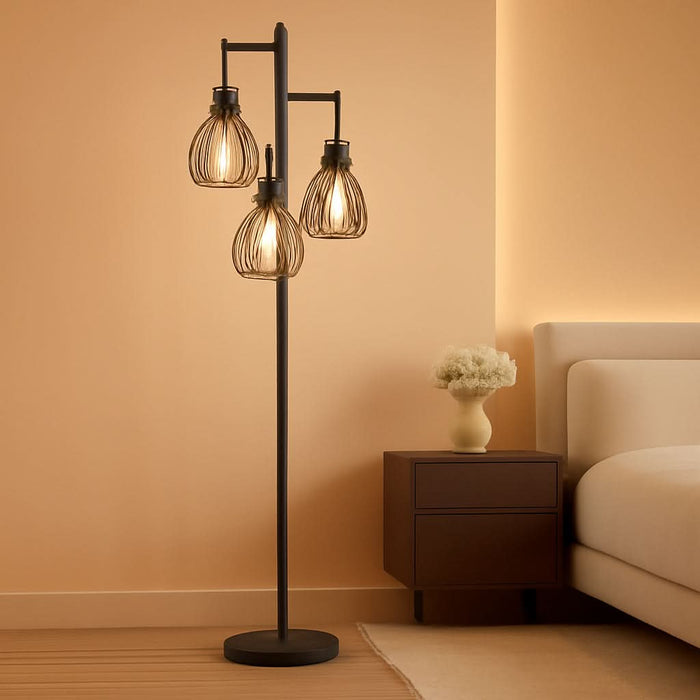 Dimmable Floor Lamp, 3 X 800LM LED Edison Bulbs Included, Farmhouse Industrial Floor Lamp Standing Tree Lamp with Elegant Cage Tall Lamps for Living Room Bedroom Office - Black