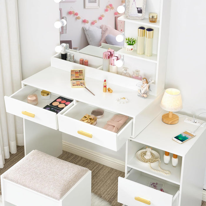 Makeup Vanity Desk with Mirror and 10 LED Lights, White Vanity with Power Outlet, 5 Drawers & Shelves, 3 Light Modes, Dressing Table with Stool for Bedroom UBDT58W