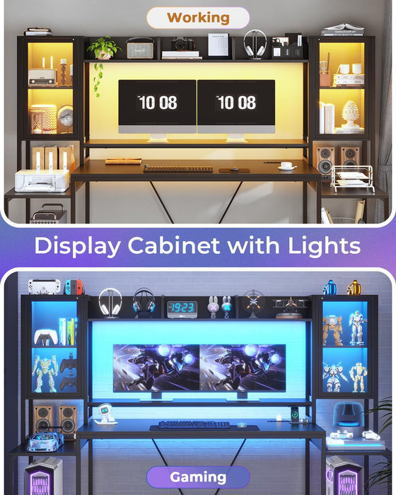 Gaming Desk 74.8'' with LED Lights, Hutch and Storage Shelves, Computer Desk with Monitor Stand, Large PC Gamer Desk Workstation, Ergonomic Gaming Table for Bedroom, Living Room, Black