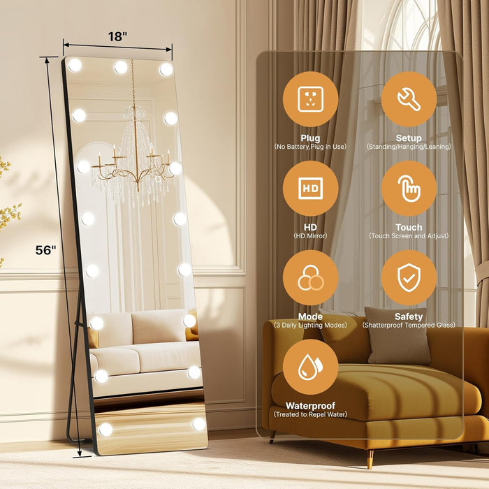 56"X18" Hollywood Full Length Mirror with Light, 17 Dimmable Bulbs