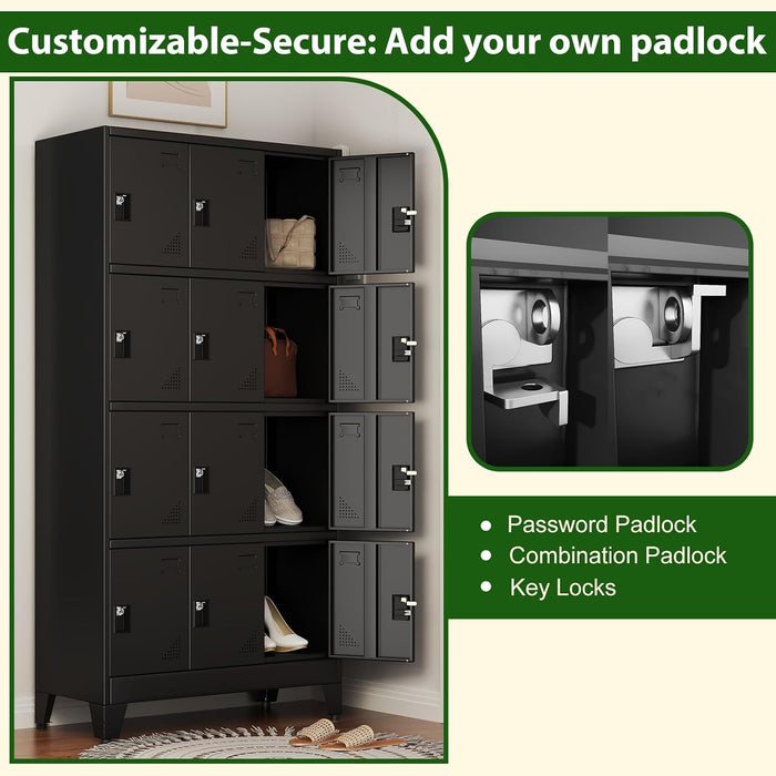 12 Doors Metal Storage Lockers Cabinet for Employees,71" Employees File Storage Locker Cabinets with 12 Lockable Doors and Lock,Tall Steel Looker Cabinet for Gym, School,Office,Stuff,Black