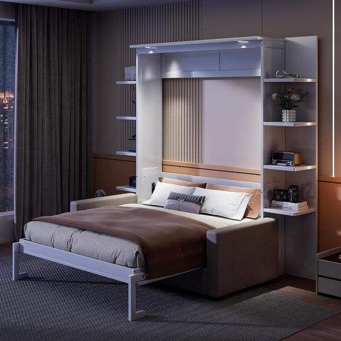 Queen Murphy Bed with Couch and Storage Shelves,Wood Fold up Murphy Bed Cabinet with Storage Shelves and Sofa,White