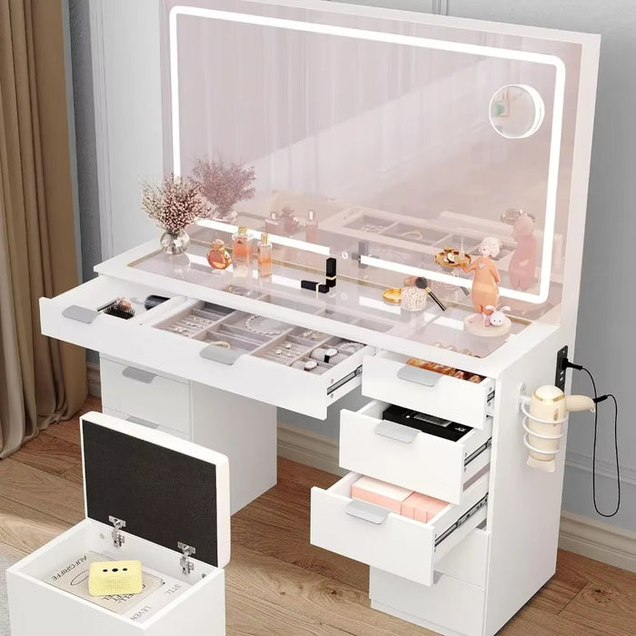 Vanity Desk Set with Adjustable LED Lighted Mirror & Power Outlet, Glass Top Makeup Vanity with 11 Drawers and Magnifying Glass