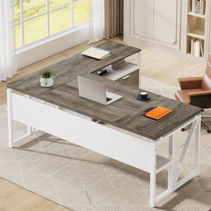 L-Shaped Desk with Drawers, 63" Executive Office Desk with Mobile File Cabinet and Storage Shelves, Home Office Business Furniture Set (Gray, White)
