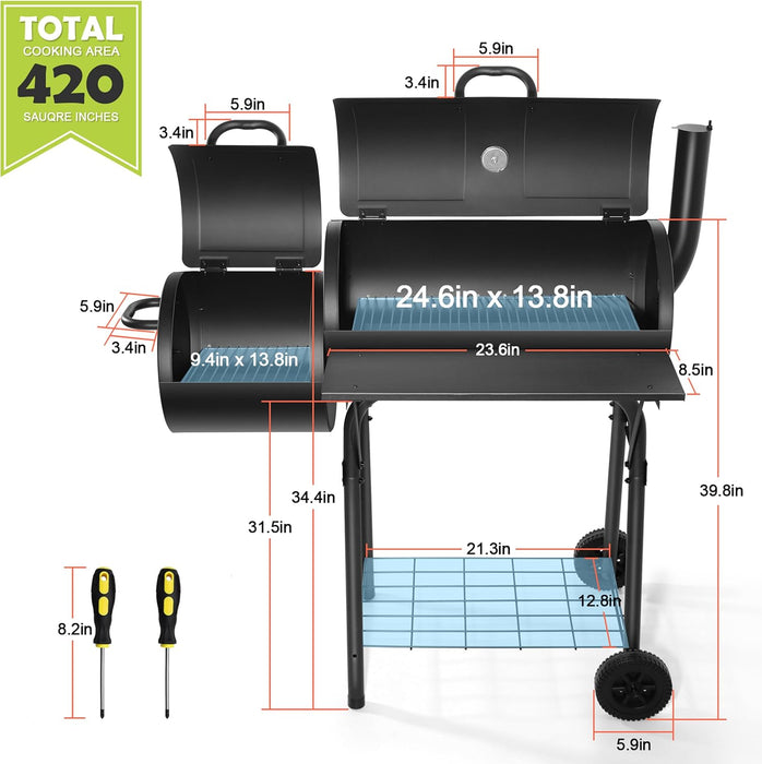 Outdoor Charcoal Grill with Cover, Large Barrel BBQ Grill with Offset Smoker, Great for Camping Patio Backyard Garden Party Picnic Beach, Large 420.SQ.IN Cooking Area, 2 Screwdrivers - Black