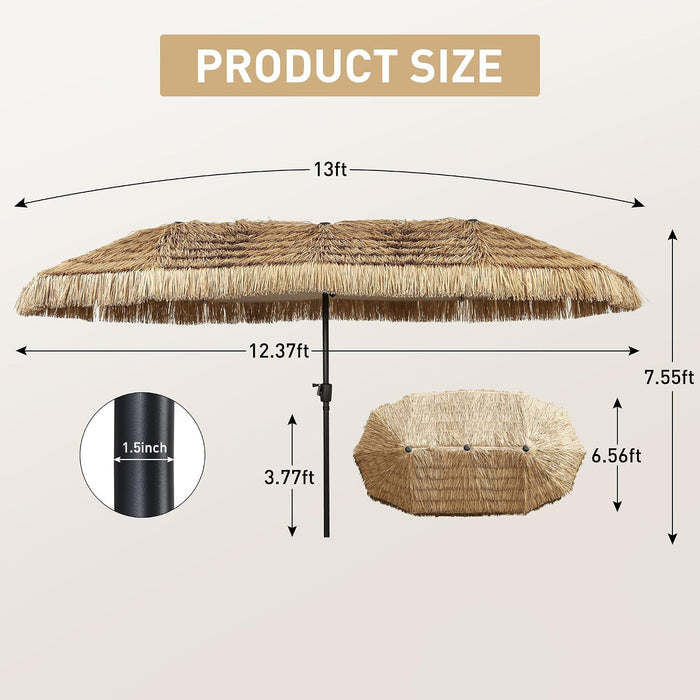 13Ft Thatch Umbrella Tiki Bench Umbrella with Crank, Water-Resistant for Bench, Patio,Pool