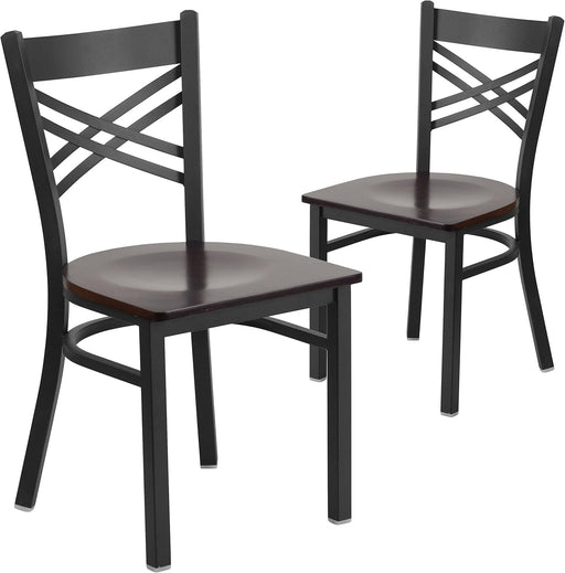 2 Pack HERCULES Series Black ''X'' Back Metal Restaurant Chair - Walnut Wood Seat